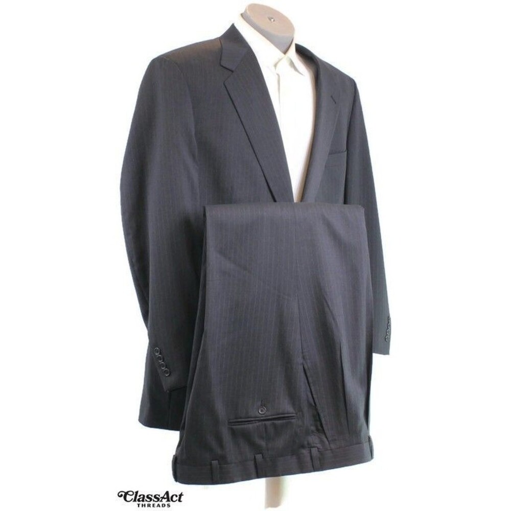 Society Brand Ltd 2 Piece Suit Mens Black Striped 2 Btn 46L Pleated Fronts 40" W - Picture 2 of 9